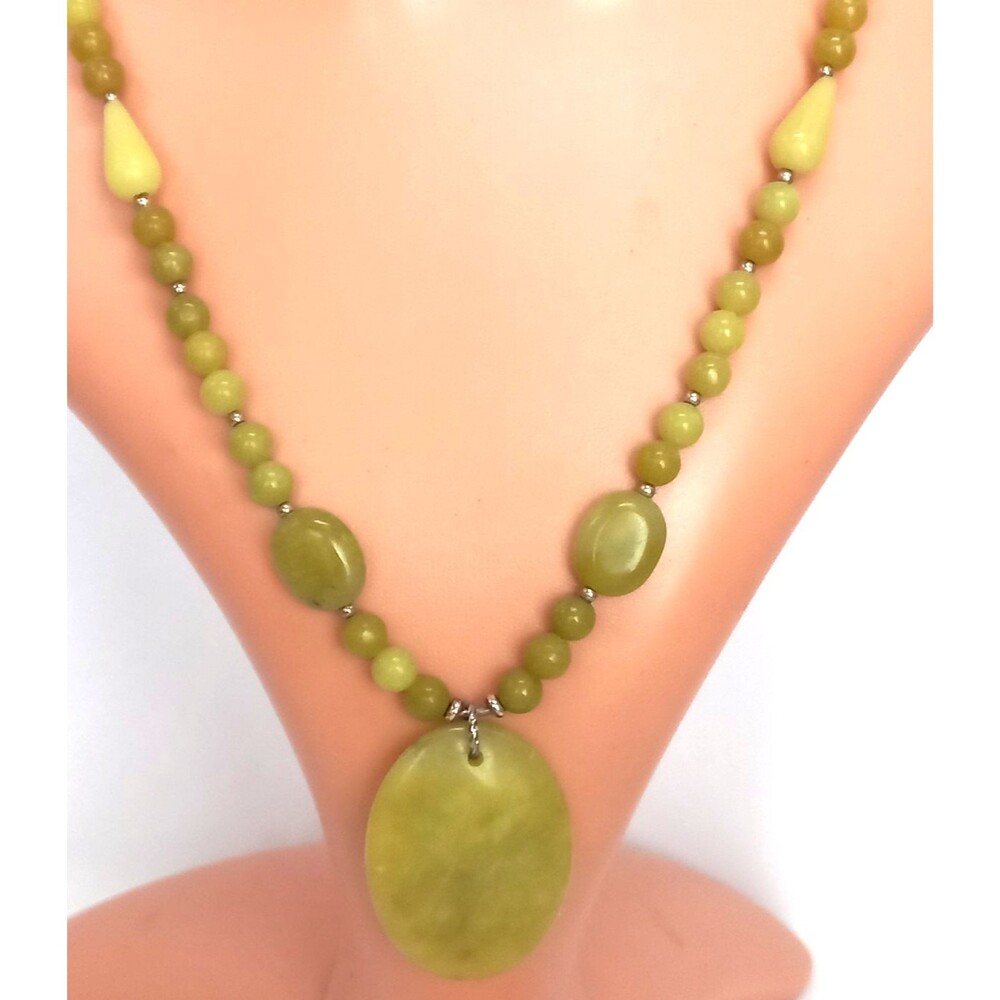 Olive Serpentine Bead Necklace, Center Drop - Elegant & Unique